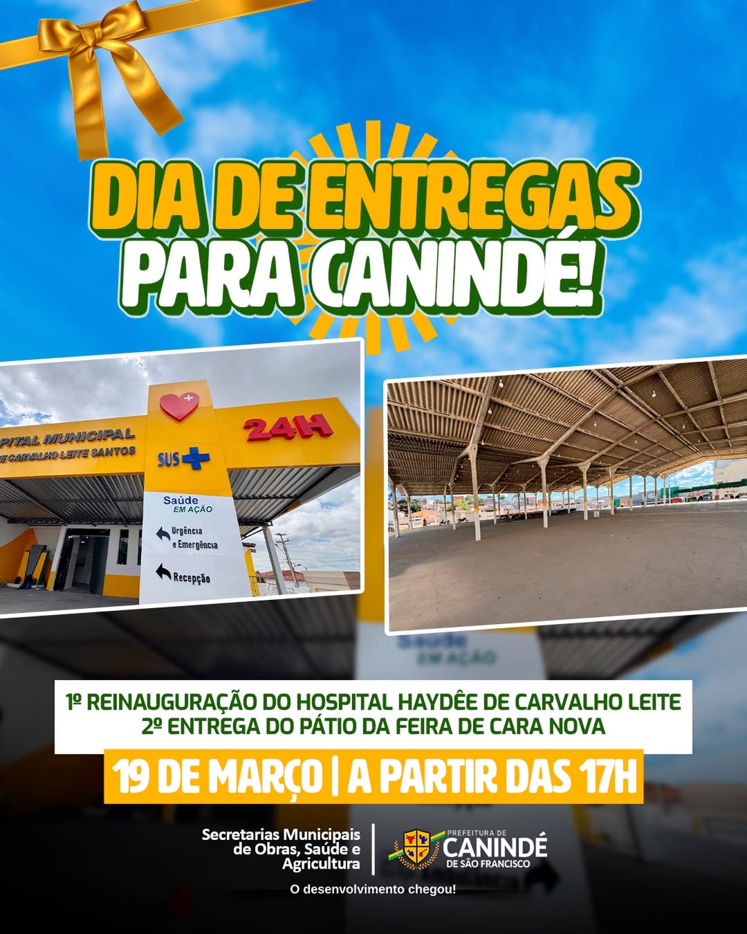 Reinauguração do Hospital Municipal e inauguração do novo Pátio da Feira acontecem no dia 19 de março em Canindé de São Francisco.